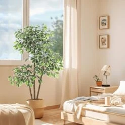 Artificial Ficus Tree, Tall Faux Plant With White Tall Planter, Faux Greenery Tree With Natural Trunks & White-Edged Leaves For Home Decor -Artificial Plant Shop GUEST 0b64cf0a b27b 4a96 8544 a21614e941ba