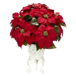 Nearly Natural Poinsettia With Metal Planter Artificial Flower Arrangement
