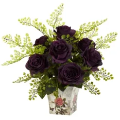 Nearly Natural Rose & Maiden Hair With Floral Planter, Burgundy -Artificial Plant Shop GUEST 16f95877 fae5 4d87 8353 4338025091c6
