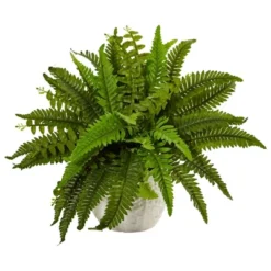 Nearly Natural Boston Fern In White Planter
