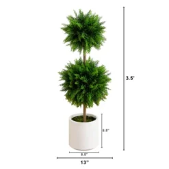 Nearly Natural 3.5-ft UV Resistant Artificial Cedar Double Ball Topiary Tree In White Decorative Planter (Indoor/Outdoor