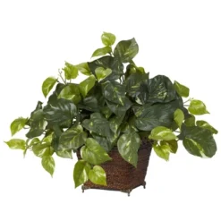 Nearly Natural 17-in Pothos W/Coiled Rope Planter Silk Plant