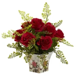 Nearly Natural Rose & Maiden Hair With Floral Planter, Burgundy -Artificial Plant Shop GUEST 4c2eebb6 3c91 4885 b5ff 6c0ef28dc637