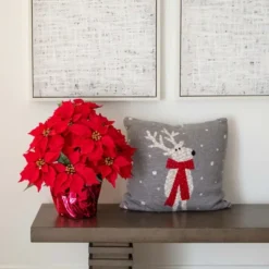 Nearly Natural 19-in Artificial Lush Poinsettia Arrangement In Red Wrapped Planter -Artificial Plant Shop GUEST 552ee351 c98a 4545 93d5 3d262d4f61ef