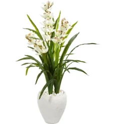Nearly Natural 4-ft Cymbidium Orchid Artificial Plant In White Planter