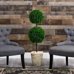 Nearly Natural 4-ft Boxwood Double Ball Artificial Topiary Tree In Country White Planter UV Resistant (Indoor/Outdoor) -Artificial Plant Shop GUEST 7791f722 295f 4c69 8ab5 b589f9113674
