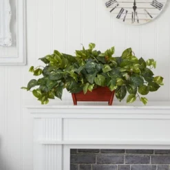 Nearly Natural Pothos With Rectangle Decorative Planter