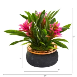 Nearly Natural 11-in Bromeliad Artificial Plant In Stoneware Planter, Purple