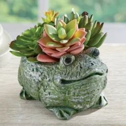 Collections Etc Charming Frog Planter With Artificial Succulents 6 X 5 X 4.5