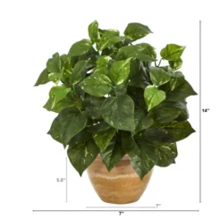 Nearly Natural 14-in Pothos Artificial Plant In Ceramic Planter