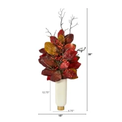 Nearly Natural 38-in Autumn Magnolia Leaf With Berries Artificial Plant In Cream Planter With Gold Base