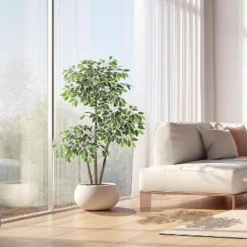 Artificial Ficus Tree, Tall Faux Plant With White Tall Planter, Faux Greenery Tree With Natural Trunks & White-Edged Leaves For Home Decor -Artificial Plant Shop GUEST ae43a029 0794 4bfb ae5e 75a238fe0c2f