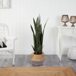 Nearly Natural 46-in Sansevieria Artificial Plant In Boho Chic Handmade Cotton & Jute Gray Woven Planter -Artificial Plant Shop GUEST edd44641 85fe 4e38 b80c 2784c12afc05