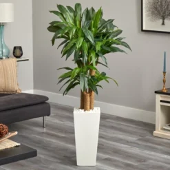 Nearly Natural 5-ft Cornstalk Dracaena Artificial Plant In White Tower Planter