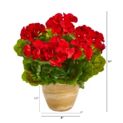 Nearly Natural 11-in Geranium Artificial Plant In Ceramic Planter UV Resistant (Indoor/Outdoor), Red